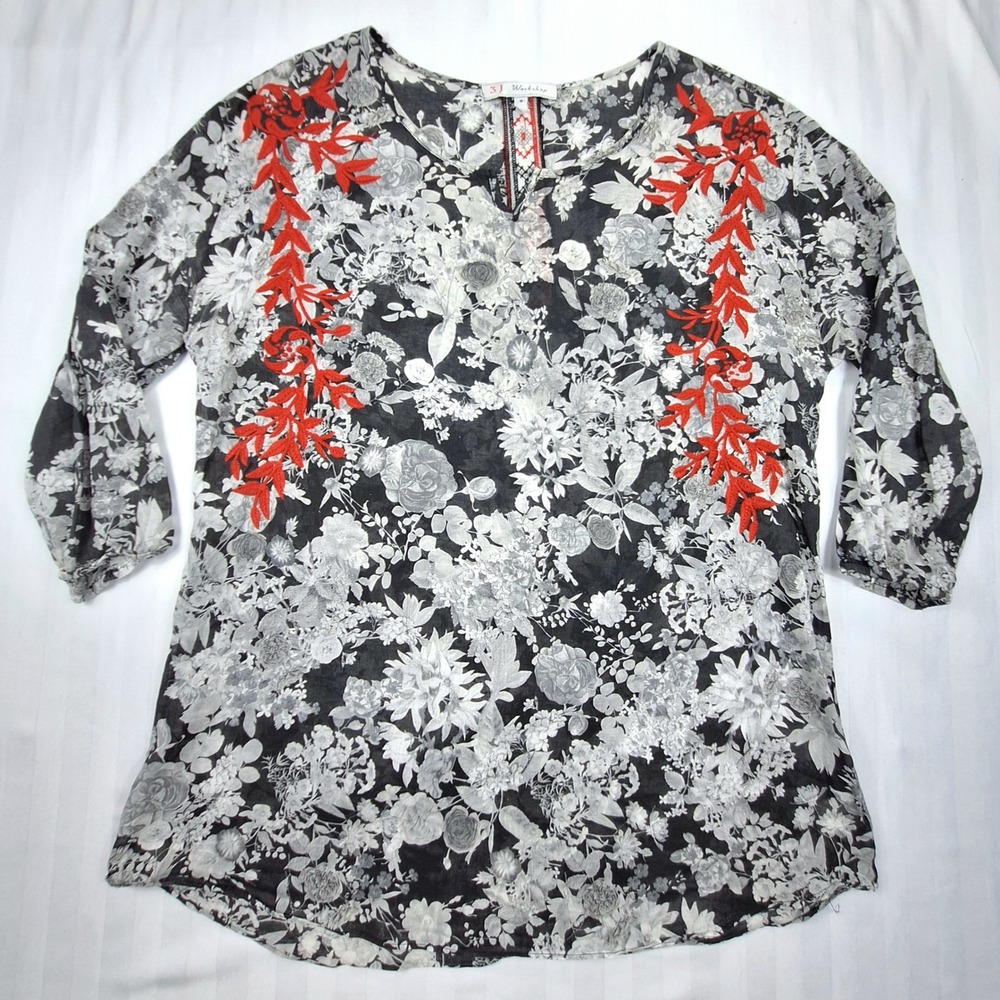 3J Workshop Johnny Was‎ Floral Embroidered Cotton Blouse Black Gray Red Small